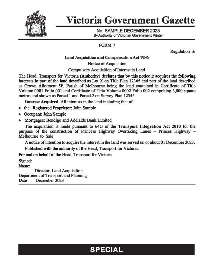 Notice of Acquisition (modified) under the land Acquisition and Compensation Act 1986 Victoria